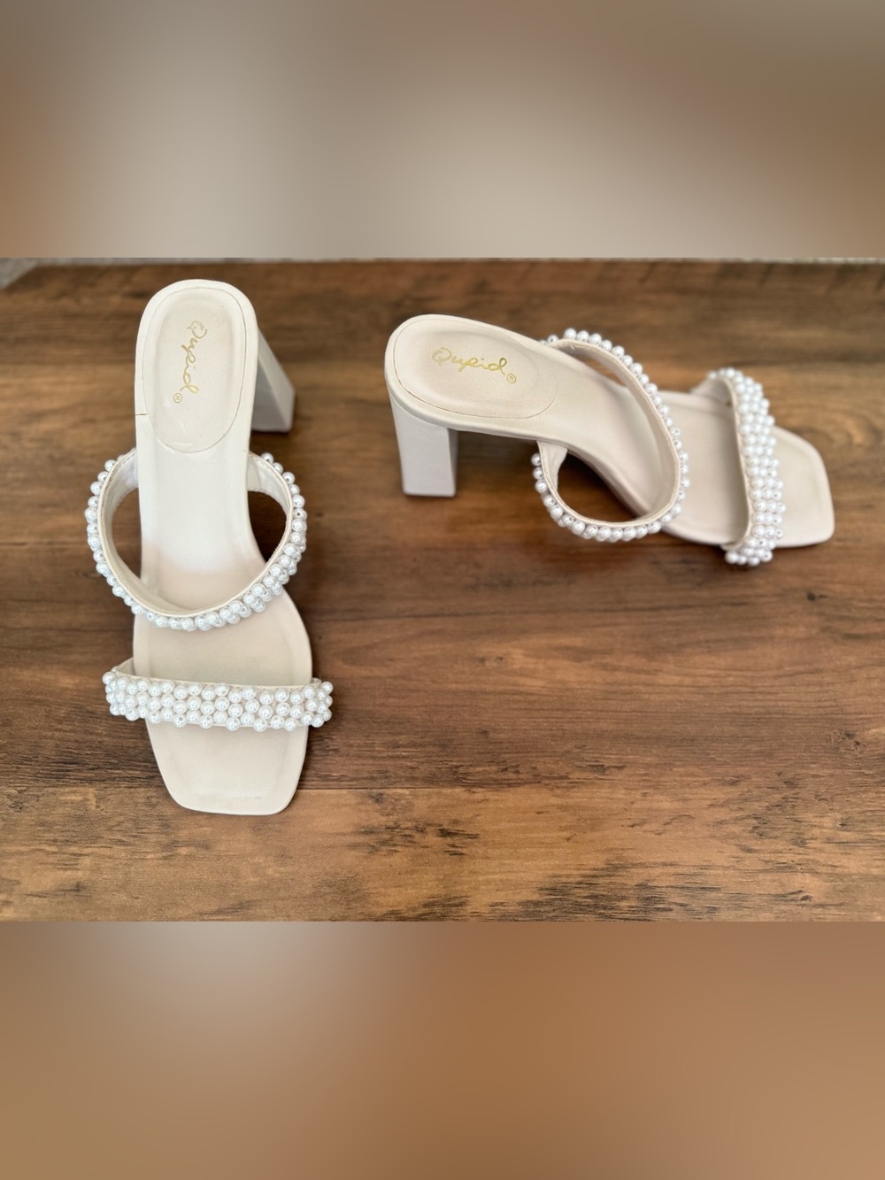 Qupid Pearl-Trim Cream Block Heel Sandals